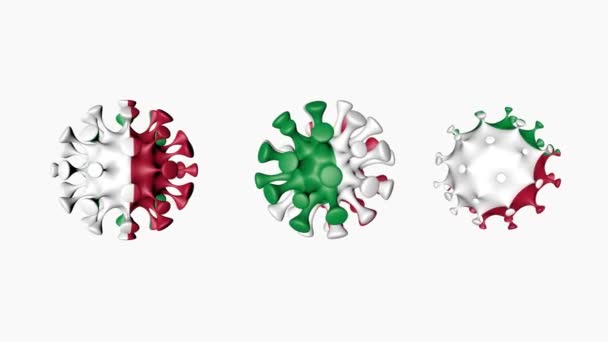 3Dアニメーションコロナウイルス2019-nCVイタリアの。ウイルス球球のイタリアの旗は、白い背景で、 19を覆います。アルファチャンネル — ストック動画