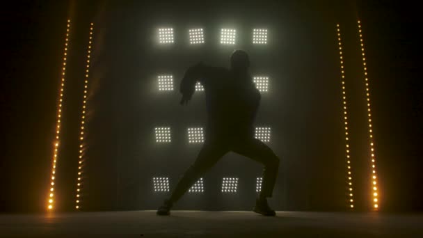 Silhouette di una giovane ballerina di talento di hip hop. Hip hop street dance su un palco in studio buio con fumo e luci al neon. Effetti dinamici della luce. Abilità creative. Rallentatore. — Video Stock