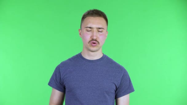 Porträtt av en ung man som svalkar sig vid hennes hand och lider av högtemperaturväder. Söt man med mustasch i en blå t-shirt som poserar på en grön skärm i studion. Närbild. — Stockvideo