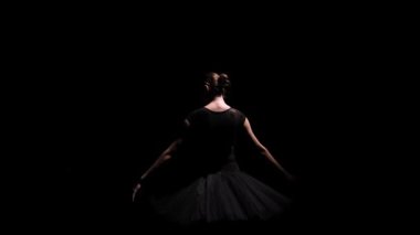 Kamera siyah etekli genç esnek balerin etrafında dönüyor. Dişi kadın, siyah bir stüdyo geçmişine karşı gösteri yaparken nazikçe kollarını hareket ettiriyor. Siluet. Kapatın. Yavaş çekim.