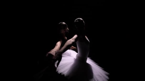 Orbitaal schot van een paar charmante ballerina 's in de vorm van een zwart-wit zwaan. Jonge slanke dansers zweven op een zwarte studioachtergrond met achtergrondverlichting. Silhouetten. Sluit maar af. Langzame beweging. — Stockvideo