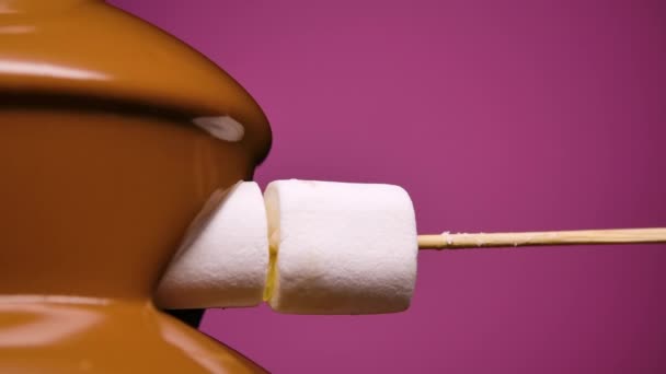 Smält mjölkchoklad rinner i chokladfontänen. Läckra marshmallows på ett spett doppas i söt smält choklad. Fondue. Efterrätt. Gourmetmat. Fest och fest. Närbild. Långsamma rörelser. — Stockvideo