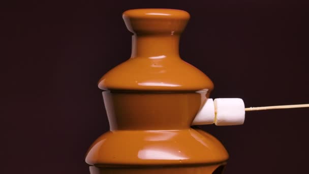 Gesmolten melkchocolade stroomt in chocolade fontein. Heerlijke marshmallows op een spiesje worden gedoopt in gesmolten chocolade. Fondue. Het dessert. Gastronomisch eten. Feest en feest. Sluit maar af. Langzame beweging. — Stockvideo