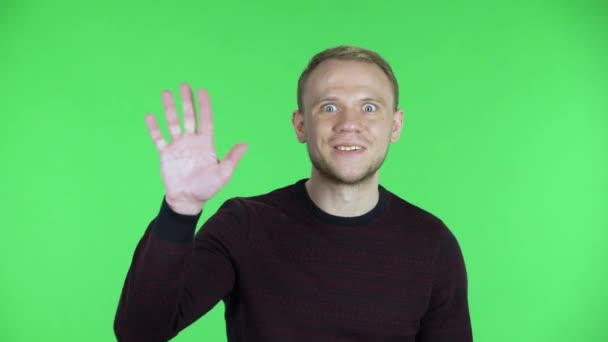 Ritratto di un uomo di mezza età che guarda la macchina fotografica, agitando con entusiasmo la mano e mostrando gesto venire qui. Maschio non rasato in un maglione rosso nero in posa su uno schermo verde in studio. Da vicino.. — Video Stock