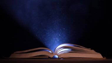 Karanlık bir stüdyoda açık bir kitap masanın üstüne düşer. Projektör ışığından gelen bir ışık demeti sayfalarını ve üzerinde uçan toz parçacıklarını aydınlatır. Ağır çekim. Kapat..