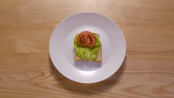Proces van het maken van sandwich van verschillende ingrediënten. Stop bewegingsanimatie. Bovenaanzicht. Gezond ontbijt en snack concept. Sluiten.. — Stockvideo
