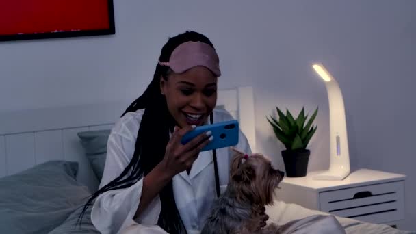 Temmelig afrikansk amerikansk kvinde ser på telefonen og fejrer derefter sejr modtaget gode nyheder. Sort kvinde poserer liggende i soveværelset på sengen i pyjamas med hund Yorkshire Terrier. Tæt på. Langsom bevægelse. – Stock-video