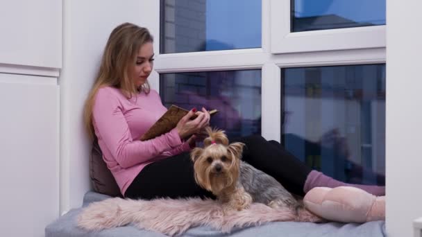 Ung kvinna sitter på fönsterbräda nära stora fönstertycker om att läsa en intressant bok. Kvinna i hemkläder poserar bredvid sin Yorkshire terrier hund mot bakgrund av ljus rum. Långsamma rörelser. — Stockvideo