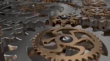Güzel Altın Dişliler Duvar Önü Görünümü Kusursuz Dönüşüm. 3D animasyon. Soyut Çalışma Süreci. Takım çalışması İş ve Teknoloji Konsepti.