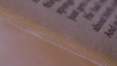 Bir kitabın sayfalarını yakın çekimde İngilizce çeviriyorum. Okuma ve edebiyat konsepti. Yavaş çekim.