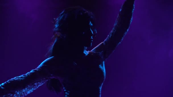 Silhouette d'une jolie brune en robe de dentelle dansant effectuant des mouvements gracieux avec ses mains. Danse féminine chorégraphie flamenco dans un studio sombre fumé avec des lumières violettes. Gros plan. — Video