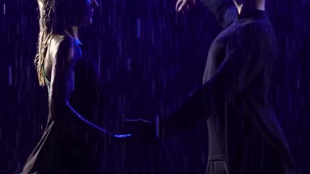 Χορευτές της αίθουσας χορού χορεύουν παθιασμένο χορό bachata σε ρίχνει βροχή. Σιλουέτες ενός νεαρού ζευγαριού με βρεγμένα ρούχα σε μαύρο φόντο στούντιο με σταγόνες νερού και μπλε φως. Αργή κίνηση. Κλείσε.. — Αρχείο Βίντεο