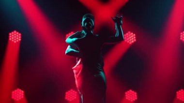Duman arasında zarif Arjantin tangosu ve karanlık bir stüdyoda parlak kırmızı neon ışıklar. Tutkulu dans partnerleri tarafından yapılan dans gösterisi. Siluetler. Kapat..