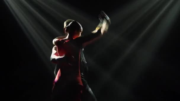 Silhouettes sombres de danseurs de salon professionnels dansant le tango argentin dans un studio sombre avec des rayons lumineux. Regards passionnés, touchant les mains et les corps d'un homme et d'une femme. Gros plan. — Video