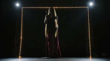 Uzun kırmızı elbiseli şık bir bayan solistin eski bir mikrofona boş bir sahnede şarkı söylemesi. Uzun saçlı Artisca karanlıkta bir müzik festivalinde konser veriyor. Yavaş çekim.