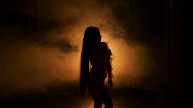 Koyu dumanlı stüdyoda sarı ışıkların arkasında dans eden genç bir kadının yan görünümü. Uzun saçlı bir kadın vücuduna dokunarak şehvetli hareketler yapar. Kapatın. Yavaş çekim.
