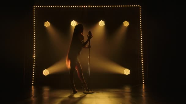 Silueta unei vocaliste feminine fermecătoare efectuează un concert solo pe scena întunecată, cu lumini strălucitoare pe fundal. Femeia în rochie strălucitoare atinge un microfon de epocă și dansează pentru a bate muzica. Slow motion . — Videoclip de stoc