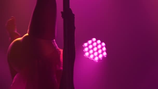 暗い煙のスタジオで細い若い女性によって実行されるスポーティポールダンス.美しい体操の動きとポール上の回転。美しい紫色のスタジオライトでシルエット。閉めろ。スローモーション — ストック動画
