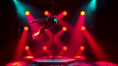 İnce, egzotik bir dansçının siluetleri direğin üzerinde güzel bir şekilde dönüyor. Parlak spor mayo giymiş genç bir kadın, karanlık bir stüdyoda kırmızı ışıkla akrobatik öğeler sergiliyor. Yavaş çekim.