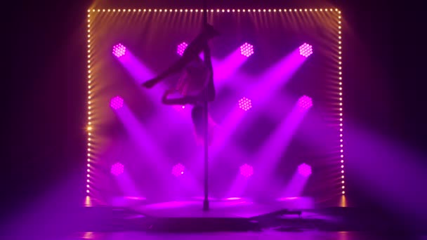 Спортивный танец на шесте, исполненный стройной молодой женщиной в темно-дымчатой студии. Красивые гимнастические движения и вращения на полюсе. Силуэт в красивом фиолетовом студийном свете. Медленное движение. — стоковое видео