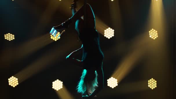 Attraktive Striptease-Tänzerin führt Tricks an einer Stange vor. Silhouette einer sexy blonden Frau in Dessous und High Heels. Exotischer Tanz in einem dunklen Studio mit Rauch und Neonlicht. Nahaufnahme. — Stockvideo