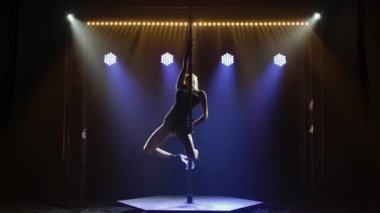 Genç, narin bir kadın, bir direğin üzerinde dönüp numaralar yapıyor. Duman ve neon ışıklarıyla sahnede güzel bir striptizci kız. Erotik yüksek topuklu dans. Siluet. Yavaş çekim.