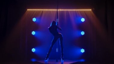 Seksi striptiz direği dansının arka görüntüsü. Sarışın, erotik bir şekilde kalçalarını hareket ettiriyor, bir direğe tırmanıyor ve bacaklarını ikiye ayırıyor. Mavi ışığı olan karanlık bir stüdyoda şehvetli direk dansı. Siluet. Yavaş çekim.