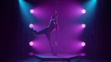 Genç seksi ince kadın striptiz direğinde bir gece kulübünde direkle dans ediyor. Sahnede mor neon ışıklı güzel esmer striptizci. Siluet. Yavaş çekim.