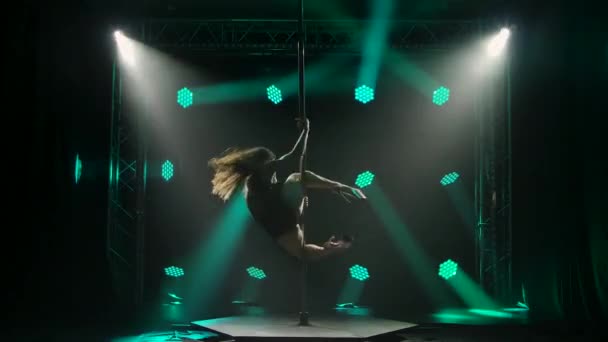 Atletická sexy mladá žena se točí na tyči a provádí akrobatické kousky. Ve světle pestrobarevných neonových reflektorů se rýsuje štíhlá atraktivní samice. Zpomalený pohyb. — Stock video