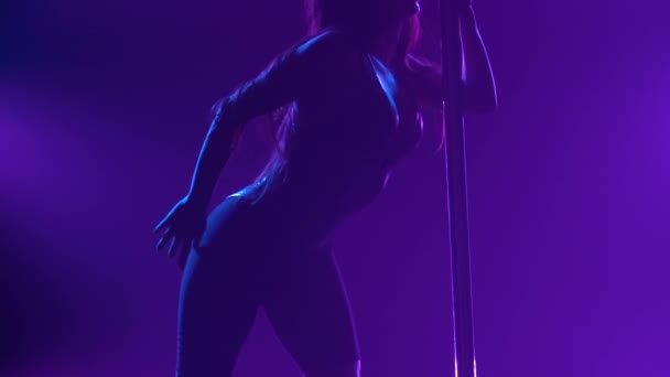 年轻性感纤细的女人在夜总会里跳脱衣舞娘舞美丽的热黑发脱衣舞娘在舞台上与紫色霓虹灯照明。剪影。靠近点慢动作. — 图库视频影像
