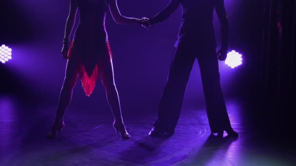 Actuación profesional de bailarines de salón en el programa de danza latinoamericana. Siluetas de pareja sensual sobre un fondo de luces moradas en un oscuro estudio ahumado. De cerca. Movimiento lento. — Vídeos de Stock