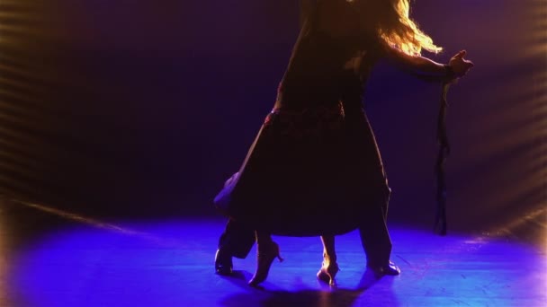 Elements of classical waltz choreography performed by a pair of ballroom dancers. Partners waltz holding hands. Shot in dark studio against a black background with blue lights. Close up. Slow motion. — стоковое видео