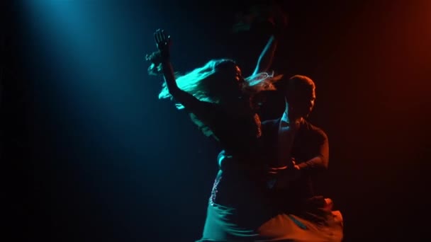 Coreografía clásica de vals interpretada por bailarines de salón profesionales. Pareja de siluetas, bailando elementos de vals, giran en la oscuridad con hermosas luces de estudio y humo. De cerca. Movimiento lento. — Vídeos de Stock