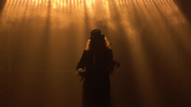Silhuett av en violinist musiker med grönskande hår bär hatt spelar en klassisk träfiol. En man uppträder i en mörk rökig studio med gult ljus. Närbild. — Stockvideo