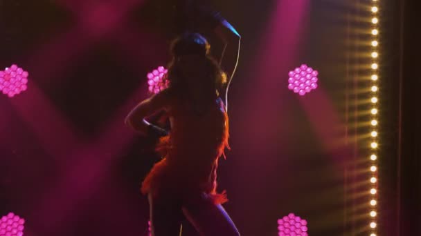 Two cabaret dancers in short fringed dresses and feather headdresses dance in a dark studio with bright lights. Silhouettes of young women sensually moving their bodies and hips. Close up. — Stock Video