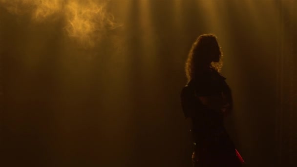 Eine leidenschaftliche Frau im Zigeunerkostüm wirbelt tanzend und schwenkt ihren langen Rock. Eine Tänzerin ist in einem Zigeunervolkstanz in einem dunklen, verrauchten Studio mit gelbem Licht zu sehen. Nahaufnahme. — Stockvideo