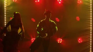 Karanlık stüdyoda, arka plandaki parlak ışıkların karşısında, pek çok kıyafetli siluet dansçılar neşeyle dans ediyorlar. Erkek ve kadın tutkulu bir şekilde çingene dansını tiyatro gösterisinde sergilediler. Kapat..