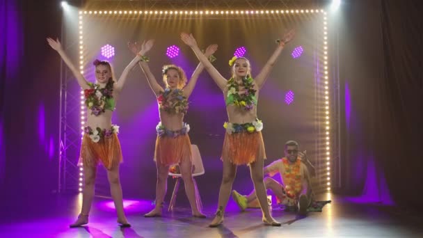 Taneční skupina tančí v krátkých sukních, trikoty zdobené květinami a věnci lei. Okouzlující mladé ženy s pružnými těly pohybují boky na pozadí jasného světla. Zpomalený pohyb. — Stock video