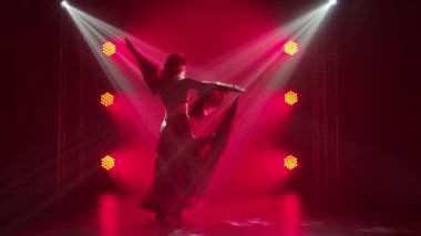 Tutkulu, çingene elbiseli genç bir kadının silueti dans ediyor ve uzun bir etek sallıyor. Koyu dumanlı stüdyoda kırmızı ışıkta Roman halk dansı yapan kadın dansçı. Yavaş çekim.