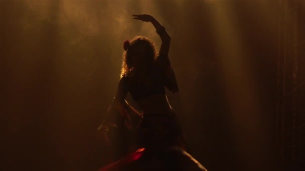 Een gepassioneerde vrouw in een zigeunerkostuum wervelt dansend en zwaait met haar lange rok. Een danseres is silhouet in een zigeunervolksdans in een donkere rokerige studio met geel licht. Sluit maar af. Langzame beweging. — Stockvideo