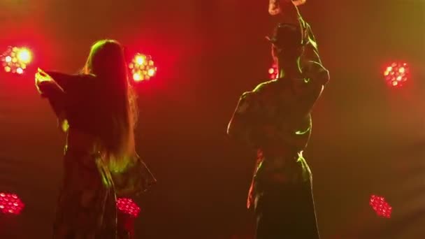 Pasangan Siluet penari dengan pakaian romani menari riang di studio gelap dengan latar belakang cahaya terang. Pria dan wanita menari tarian gipsi tampil di teater. Tutup. Gerakan lambat. — Stok Video