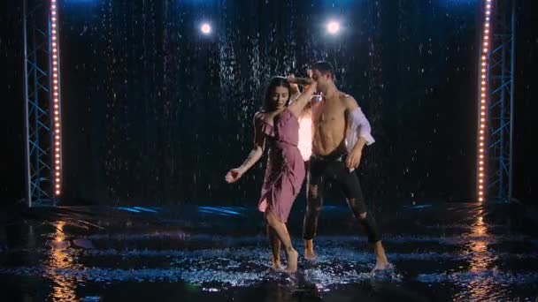 Yağmurdaki çiftin aşk hikayesi, tutkulu bir dansla ifade edildi. İki aşığın romantik buluşması. Yumuşak stüdyo ışığı altında parıldayan damlalarla kaplı bir kadın ve erkeğin ıslak vücutları. Yavaş çekim. — Stok video