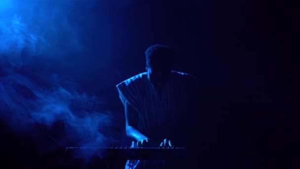 Silhouette d'homme afro-américain jouant du synthétiseur de piano sur scène dans un studio sombre et fumé. Musicien noir avec motif ethnique blanc sur son visage effectue sur fond de lumières bleues. — Video