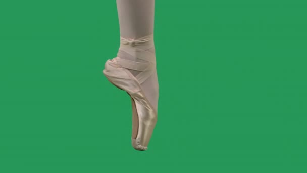 緑の画面上でプロのバレエシューズを指す。バレリーナ脚ダンス. — ストック動画