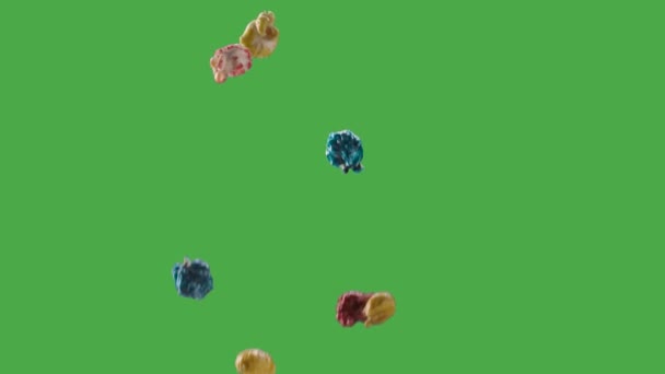 Multicolored Popcorn Flying and Falling Isolated on ChromaKey Background — Stock Video