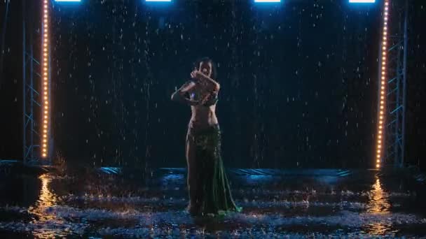 Silhueta de um delgado dançarino oriental de cabelos compridos desfrutando de uma dança na chuva. Dança exótica no estúdio com luz de palco na superfície da água. Movimento lento. — Vídeo de Stock