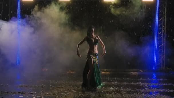 Silhueta de um delgado dançarino oriental de cabelos compridos desfrutando de uma dança na chuva. Dança exótica no estúdio fumegante com luz de palco na superfície da água. Movimento lento. — Vídeo de Stock