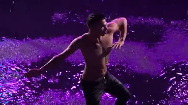 Top view of wet man dancing sensual modern ballet on water surface in the rain. Romantic contemporary choreography. Silhouette of dancer with naked torso in purple studio light. Close up. Slow motion. — Wideo stockowe