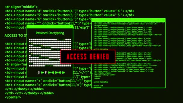 Server aanval en hacken. Programmeercode draait over computer scherm terminal, hacken concept. — Stockvideo