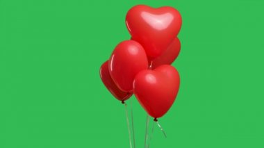 Birçok kırmızı kalp şekilli balon yeşil ekran krom anahtarının arka planında asılı duruyor. Duyguların ve sevginin ifadesi olarak helyum balonlarını kapat. Yavaş çekim.